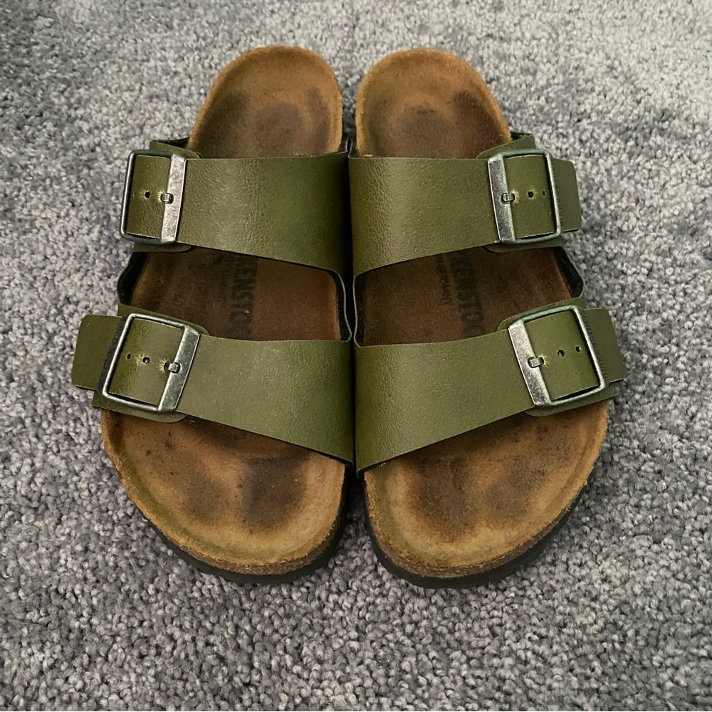 Olive Green Double-Buckle Slide Sandals